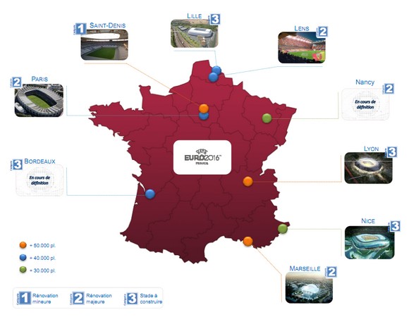 Carte des stades retenus pour l'Euro 2016