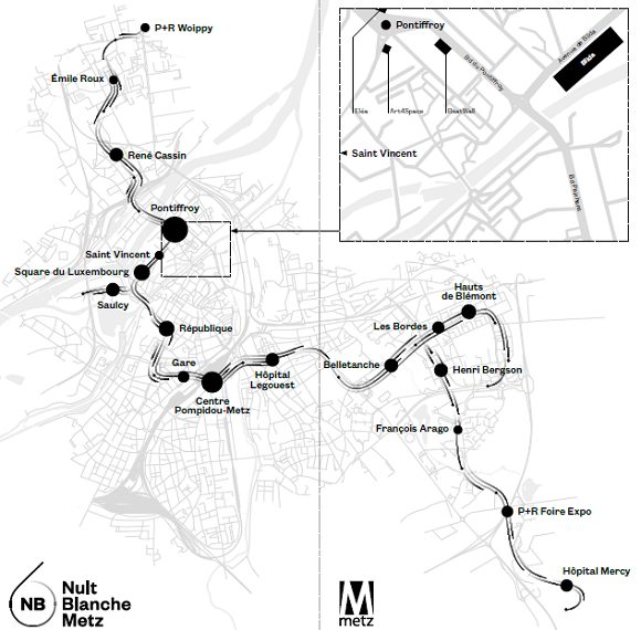 Le plan de la ligne Mettis et les différents arrêts stratégiques de la Nuit Blanche 6.