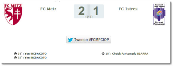 Résultat du match FC Metz / FC Istres (31ème journée). Source : lfp.fr
