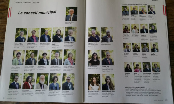 Le trombinoscope partiel de Metz mag de mai 2014. Les élus d'opposition sont privés de photo, et leurs noms sont listés en bas à droite de la page.