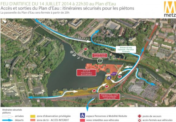 Le plan d'accès au Plan d'eau pour les piétons pendant le feu d'artifice - Source : Ville de Metz