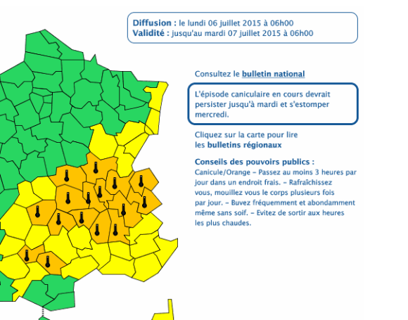 La carte des vigilances du 6 juillet 2015 / Source : Météo France