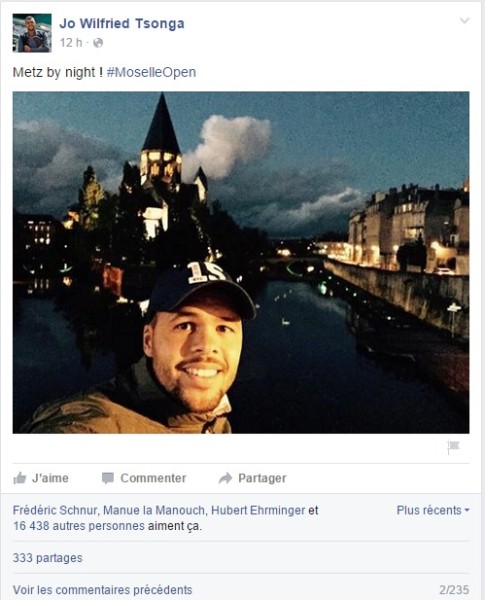 Le selfie de Jo Wilfried Tsonga réalisé à Metz ce 22 septembre 2015, sur sa page facebook. On y voit les statistiques de visibilité environ 12h après la publication.
